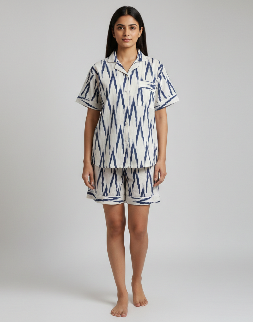 Indian Handmade Cotton Shirt With Short Wear Night Dress Pajama Set Hand Block Blue Ikat Night Dress Women Cotton Night Dress