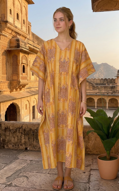 V-Neck Hand Block Soft Cozy Light Weight Cotton Long Short Caftan For Women's Wear All Season Wear