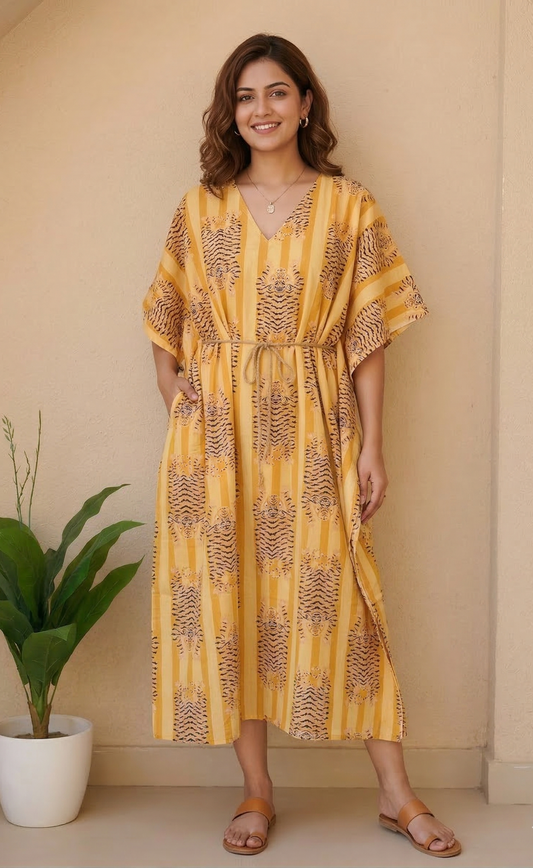 V-Neck Hand Block Soft Cozy Light Weight Cotton Long Short Caftan For Women's Wear All Season Wear