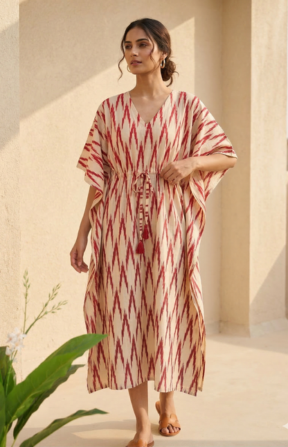 Hand Block Printed Cotton Kaftan | Boho Ikat Print Beach Coverup Red Christmas Long & Short Kaftan