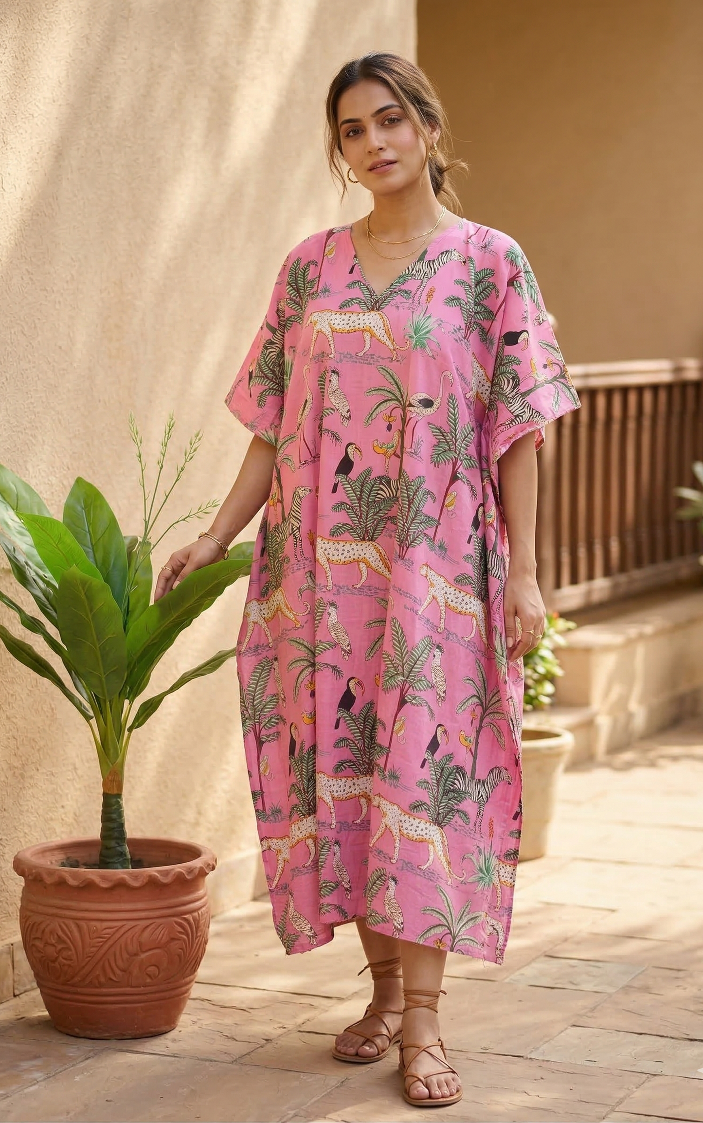 Long & Short Hand Block Pink Jungle Animal Printed Cotton Women's Kaftan For Beach Wear Bikini Cover Ups Indian Tunics