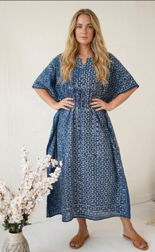 Indigo Hand Block Bagru Cotton Kaftan Beautiful Party Wear Bohemian Cotton Summer Kaftan Dress Women Maternity Robe