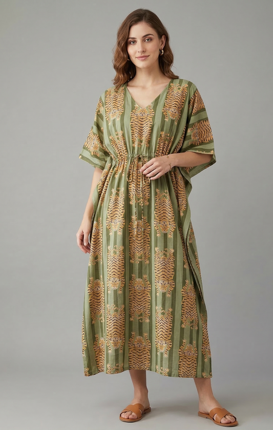 Tiger Print Indian Hand Block Cotton Bohemian Summer Resort Wear Kaftan For Women's
