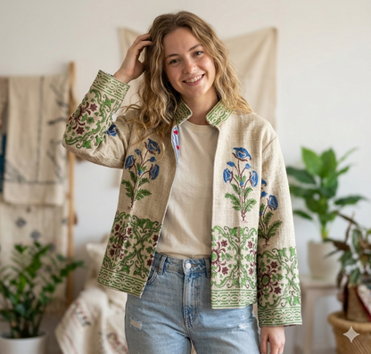 Cotton TNT Jacket - Blue Floral Hand Block Print, Sustainable Boho Style Party Wear Wedding Jacket