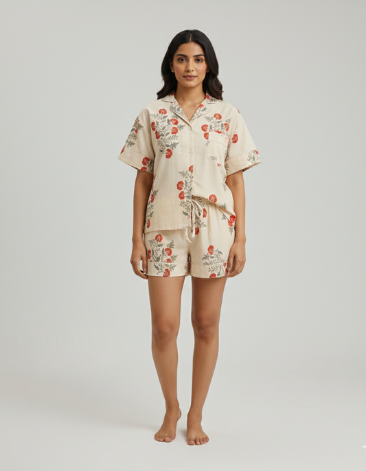 Short Sleeves Indian Handmade Floral Print Cotton Night Dress Summer Boho Pj Sets
