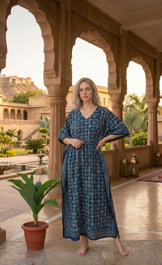 Indigo Hand Block Print Cotton Caftan With Waist Tie – Plus Size Resort Wear Beach Cover Up Loungewear Dress Bohemian Summer Kaftan Mumus