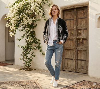 TNT Suzani Hand-Embroidered Black Suzani Jacket | Bohemian Floral Cotton Party Wear Jacket