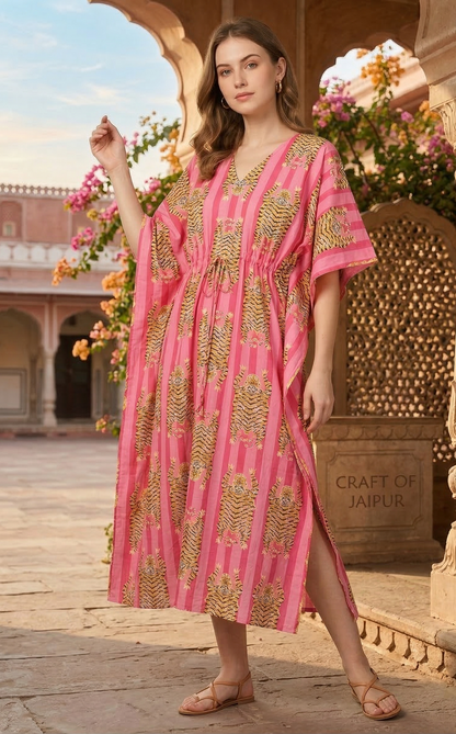 Animal Printed Cotton Kaftan For Summer Night Long Maxi Gown