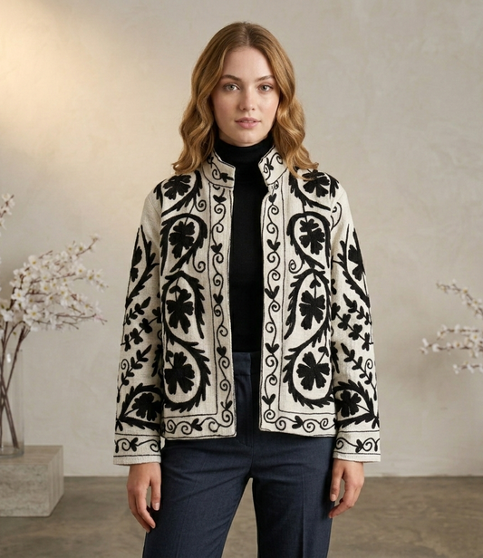 TNT Suzani Embroidered Jacket | Black White Handmade Floral Print BoGift For ho Party Wear Coat