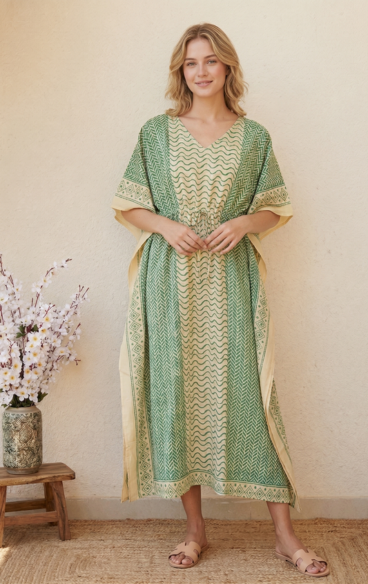 V-Neck Light Weight Hand Block Bagru Print Soft Cozy Kaftan Summer Loose Fit Boho Caftan Dress