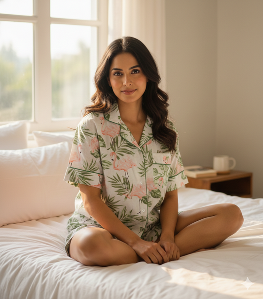 Bohemian Summer Cotton Pj Set Flamingo Print Women's Short Night Dress