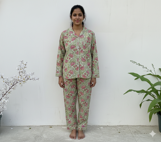 Handmade Cotton Pajama Set: Hand Block Print Boho Loungewear With Pouch Pjs