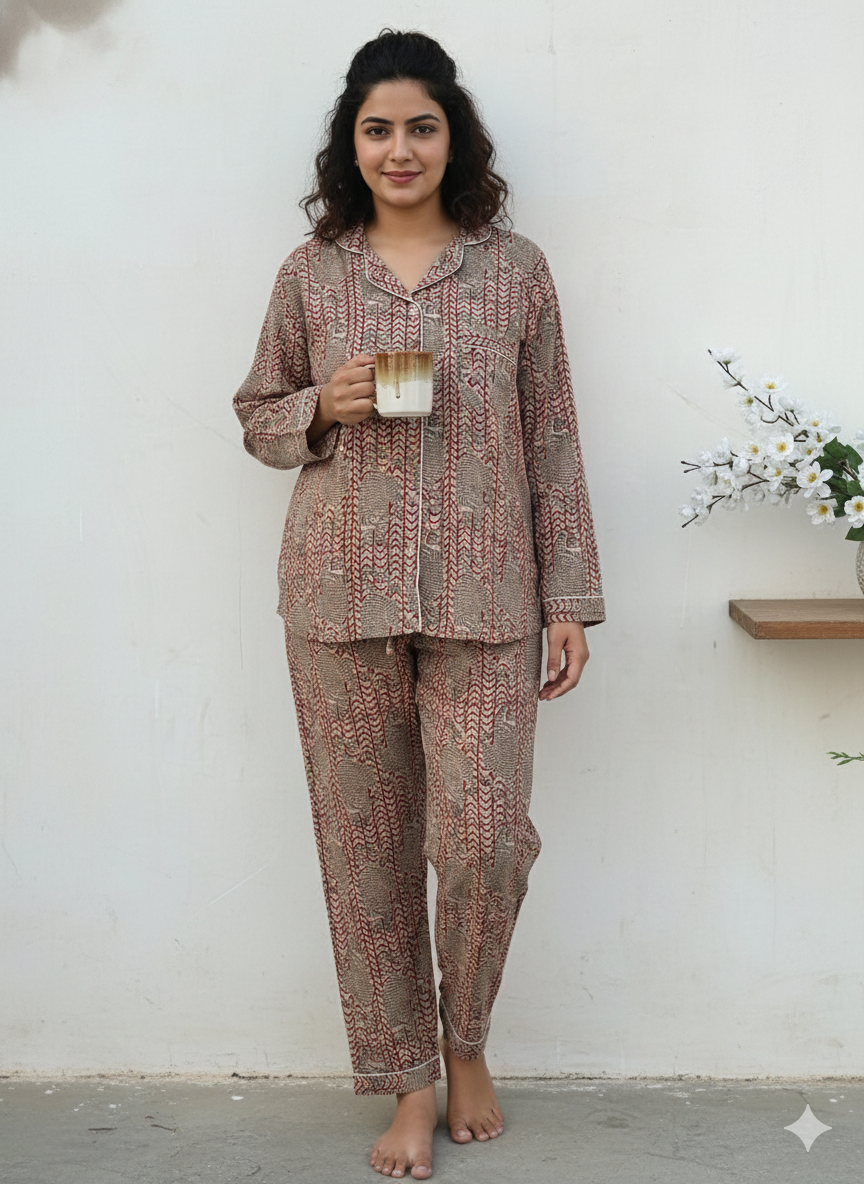 Long Sleeves Indian Hand Printed Bagru Cotton Night Dress : Summer Boho Women Sleepwear Comforter