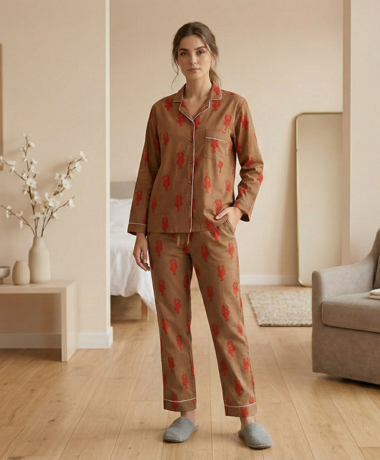 Lobster Bridesmaid Cotton Pajama Block Print Bridesmaid Night Party Wear Matching Pj Set