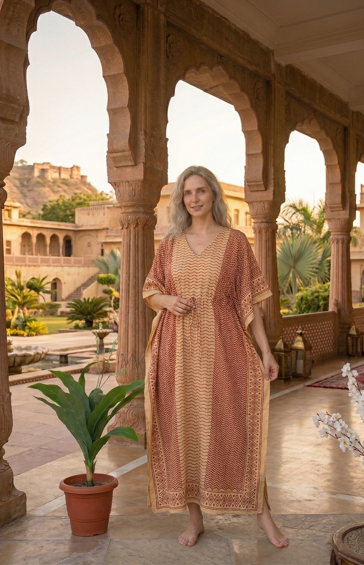 Cotton Hand Block Bagru Printed Cotton Kaftan Summer Wear Night Comforter Maxi Gown For Long & Short