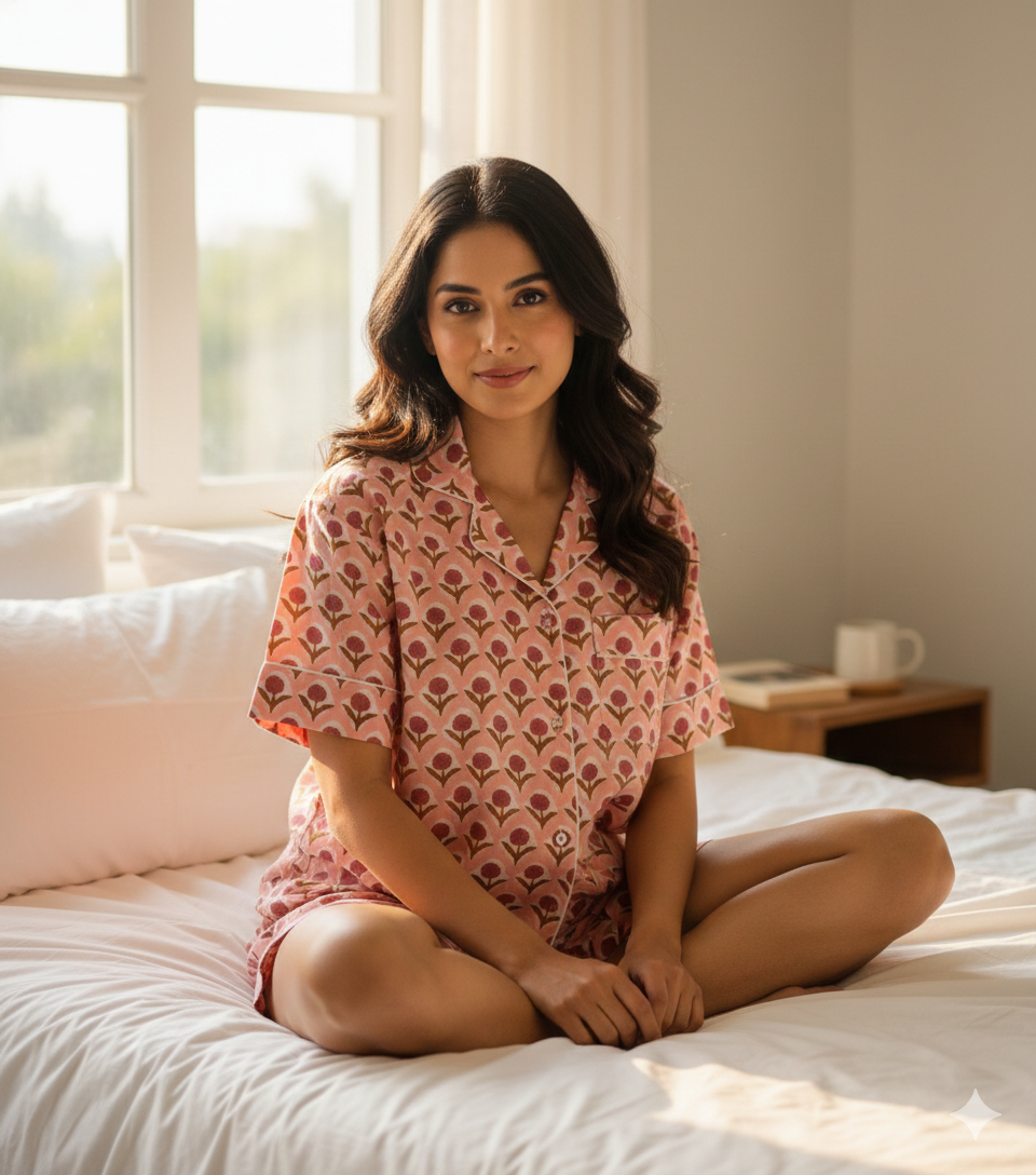 Pink Beautiful Summer Stylish Indian Cotton Night Dress For Women Casual Short Pj Set