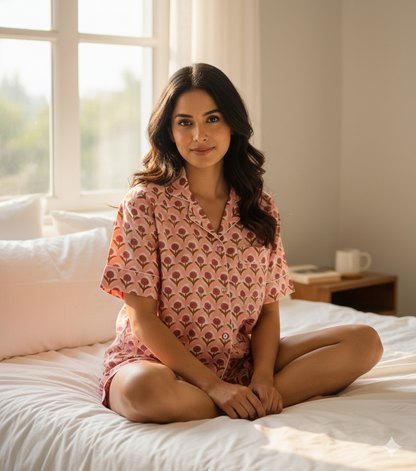 Pink Beautiful Summer Stylish Indian Cotton Night Dress For Women Casual Short Pj Set