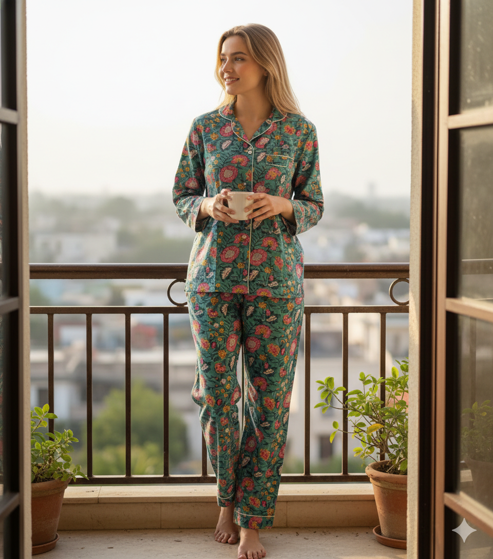 Multicolor Floral Print Cotton Pajama Set for Women | Hand Block Print Night Suit | Eco-Friendly Loungewear | Handmade Sleepwear Gift for Her
