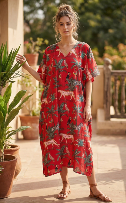 Red Jungle Cotton Kaftan Indian Handmade Block Print Christmas Dress Party Wear Beautiful Gown