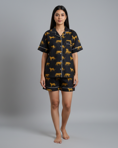 Hand Block Print Cotton Pajama Set: Animal Indian PJs Short Sleeves Shirt With Short And Treval Pouch