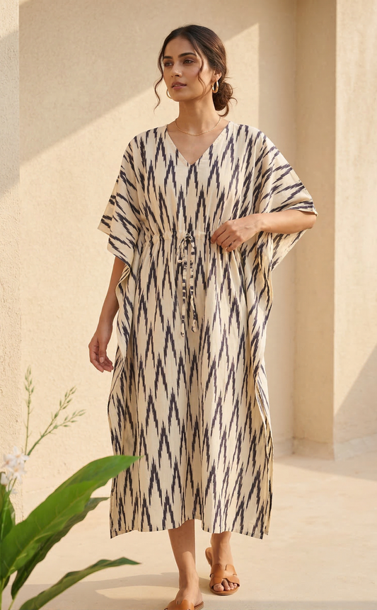 Hand Block Print Cotton Caftan With Waist Tie – Plus Size Resort Wear, Beach Cover Up, Loungewear Dress, Bohemian Summer Kaftan Mumus Ikat Printed