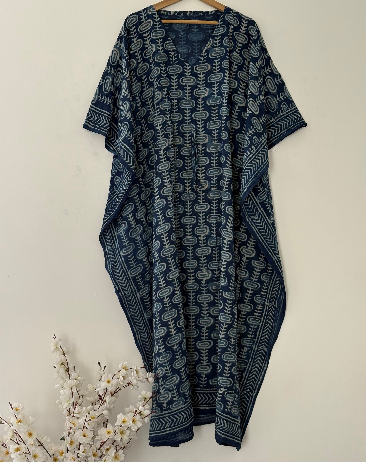 Indigo Hand Block Print Cotton Caftan With Waist Tie – Plus Size Resort Wear Beach Cover Up Loungewear Dress Bohemian Summer Kaftan Mumus