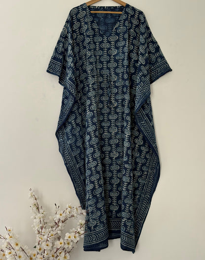 Indigo Hand Block Print Cotton Caftan With Waist Tie – Plus Size Resort Wear Beach Cover Up Loungewear Dress Bohemian Summer Kaftan Mumus