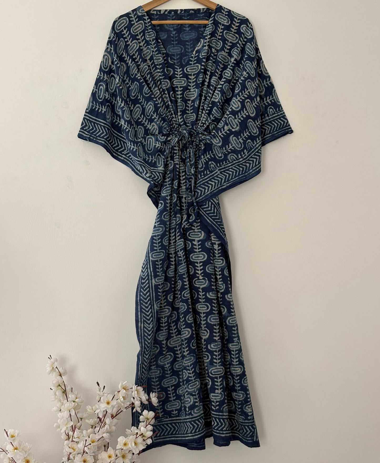 Indigo Hand Block Print Cotton Caftan With Waist Tie – Plus Size Resort Wear Beach Cover Up Loungewear Dress Bohemian Summer Kaftan Mumus