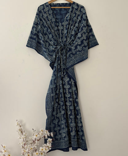 Indigo Hand Block Print Cotton Caftan With Waist Tie – Plus Size Resort Wear Beach Cover Up Loungewear Dress Bohemian Summer Kaftan Mumus