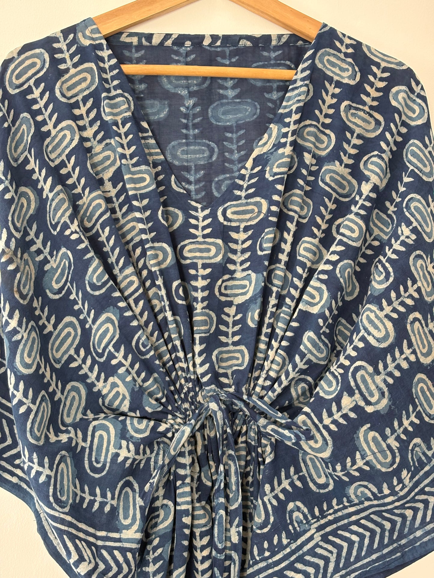 Indigo Hand Block Print Cotton Caftan With Waist Tie – Plus Size Resort Wear Beach Cover Up Loungewear Dress Bohemian Summer Kaftan Mumus
