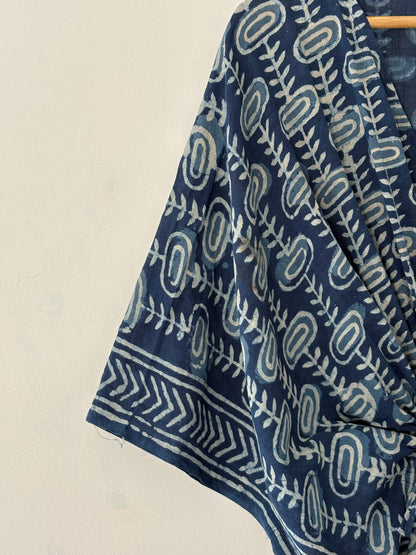 Indigo Hand Block Print Cotton Caftan With Waist Tie – Plus Size Resort Wear Beach Cover Up Loungewear Dress Bohemian Summer Kaftan Mumus