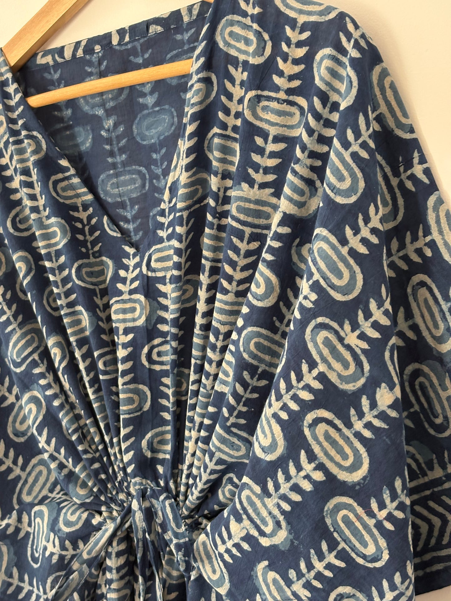 Indigo Hand Block Print Cotton Caftan With Waist Tie – Plus Size Resort Wear Beach Cover Up Loungewear Dress Bohemian Summer Kaftan Mumus
