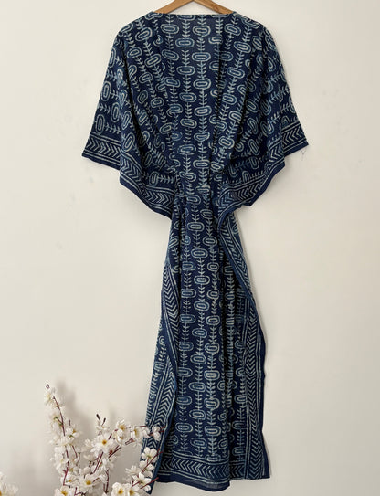 Indigo Hand Block Print Cotton Caftan With Waist Tie – Plus Size Resort Wear Beach Cover Up Loungewear Dress Bohemian Summer Kaftan Mumus