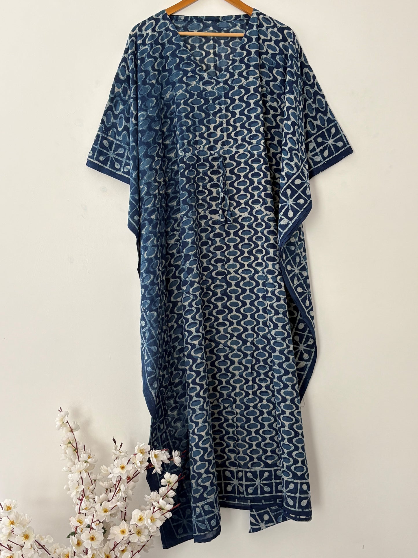 Indigo Hand Block Bagru Cotton Kaftan Beautiful Party Wear Bohemian Cotton Summer Kaftan Dress Women Maternity Robe