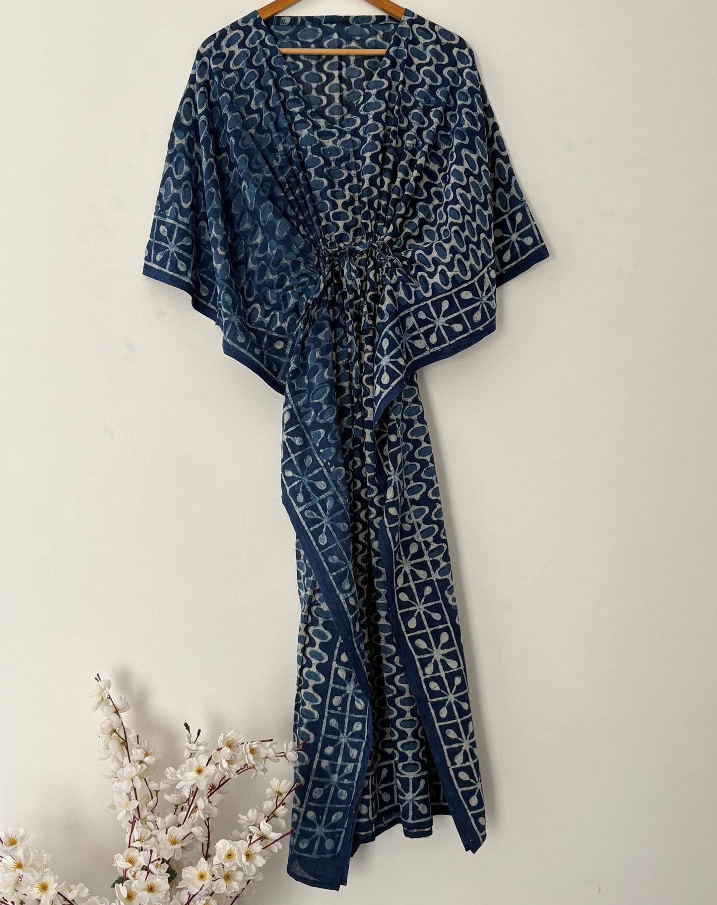 Indigo Hand Block Bagru Cotton Kaftan Beautiful Party Wear Bohemian Cotton Summer Kaftan Dress Women Maternity Robe