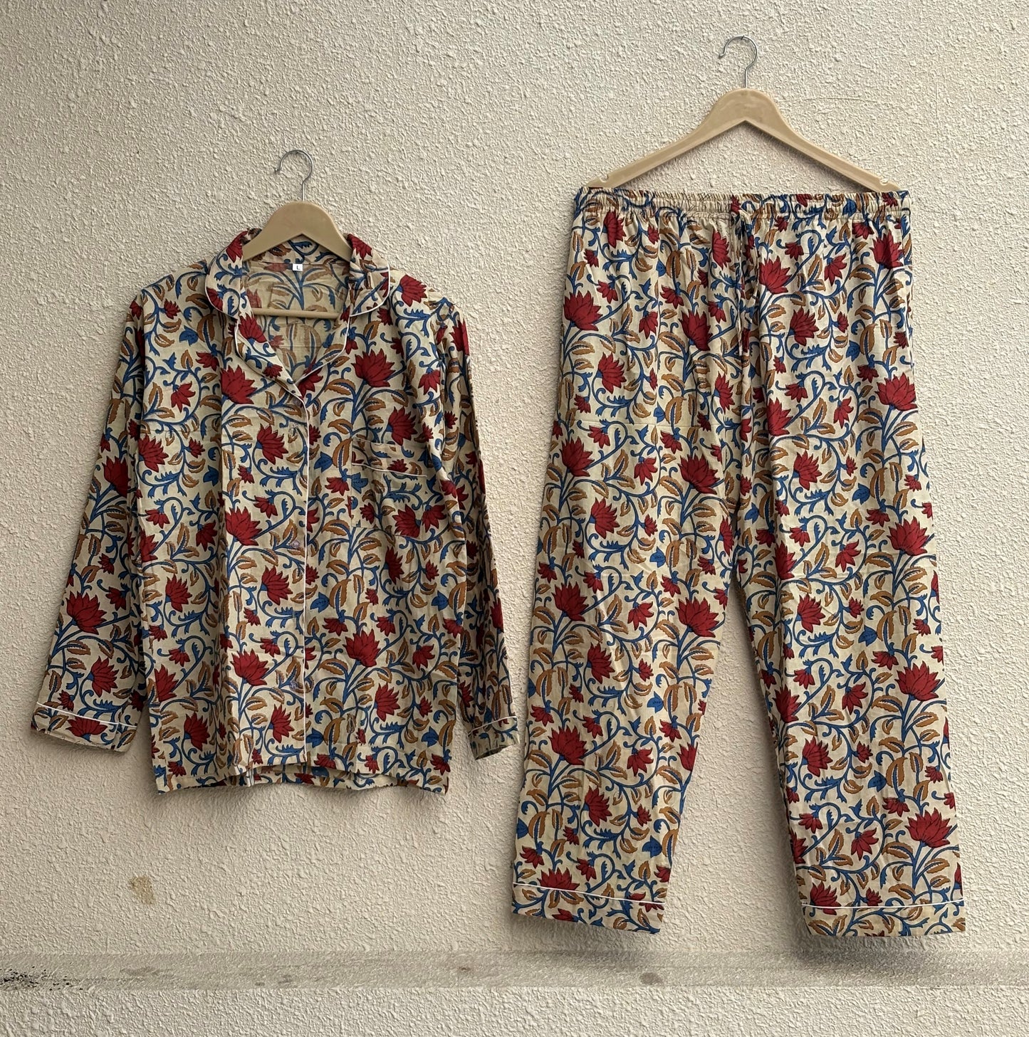 Indian Bagru Light Weight Cotton Pj Set Floral Print Sleepwear Pajamas Dress
