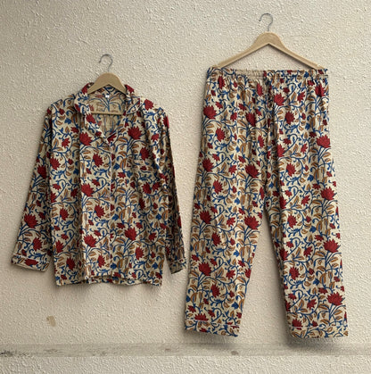 Indian Bagru Light Weight Cotton Pj Set Floral Print Sleepwear Pajamas Dress