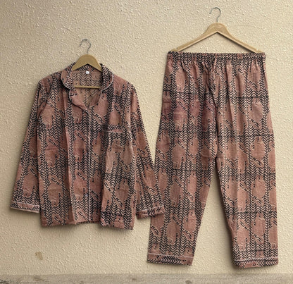 Bagru Printed Cotton Pajama Set | Hand Block Loungewear Shirt With Pant Pajamas Set