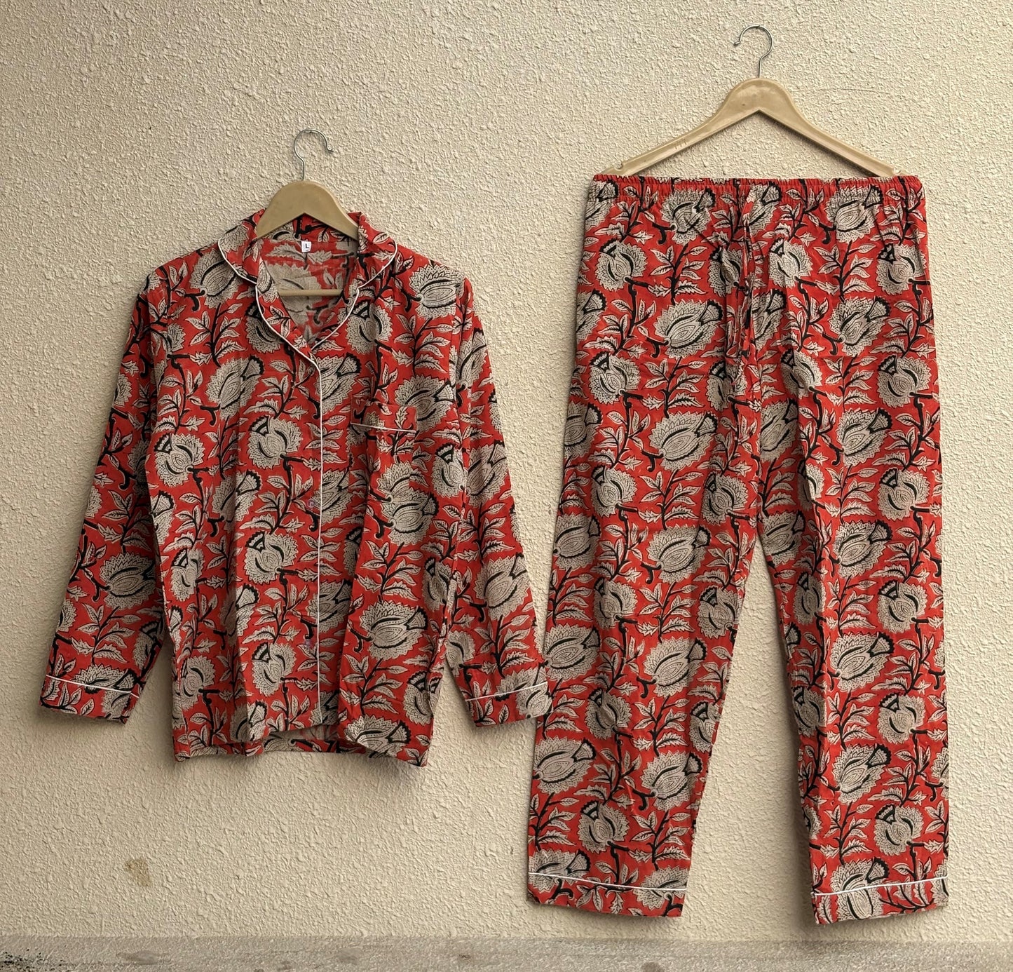 Long Sleeves Indian Bagru Cotton Pyjamas Set For Women's Pj Set | House Night Wear Pj Sets