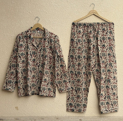 Hand Block Bagru Printed Cotton PJ Set | Boho Nightwear Womens Loungewear Night Dress For Summer
