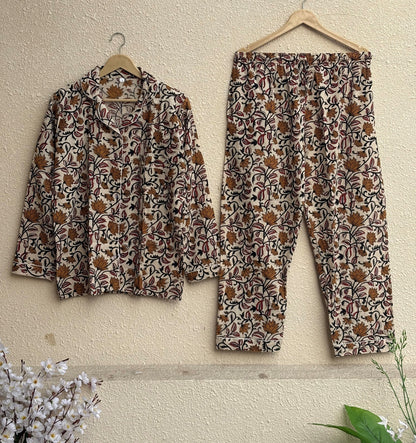 Hand Block Bagru Printed Cotton PJ Set | Boho Nightwear Womens Loungewear Night Dress For Summer