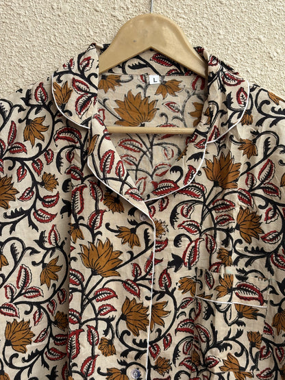 Bohemian Sleepwear Indian Hand Printed Cotton Women's Wear Pj Set For All Season Mid-Night Comforter