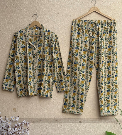 Hand Block Cotton Women's Pajama Set | Floral Print Light Weight Night Dress | Causasl Wear House Pjs