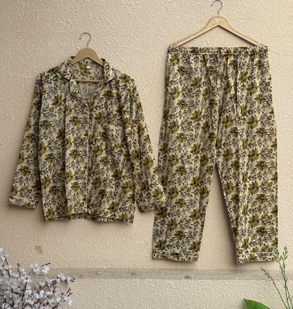 Hand Block Bagru Print Cotton Pajama Set | Summer Nightwear Pjs | Bohemian Sleepwear Women Loungewear With Pants| Bridesmaid Night Party Wear Dress