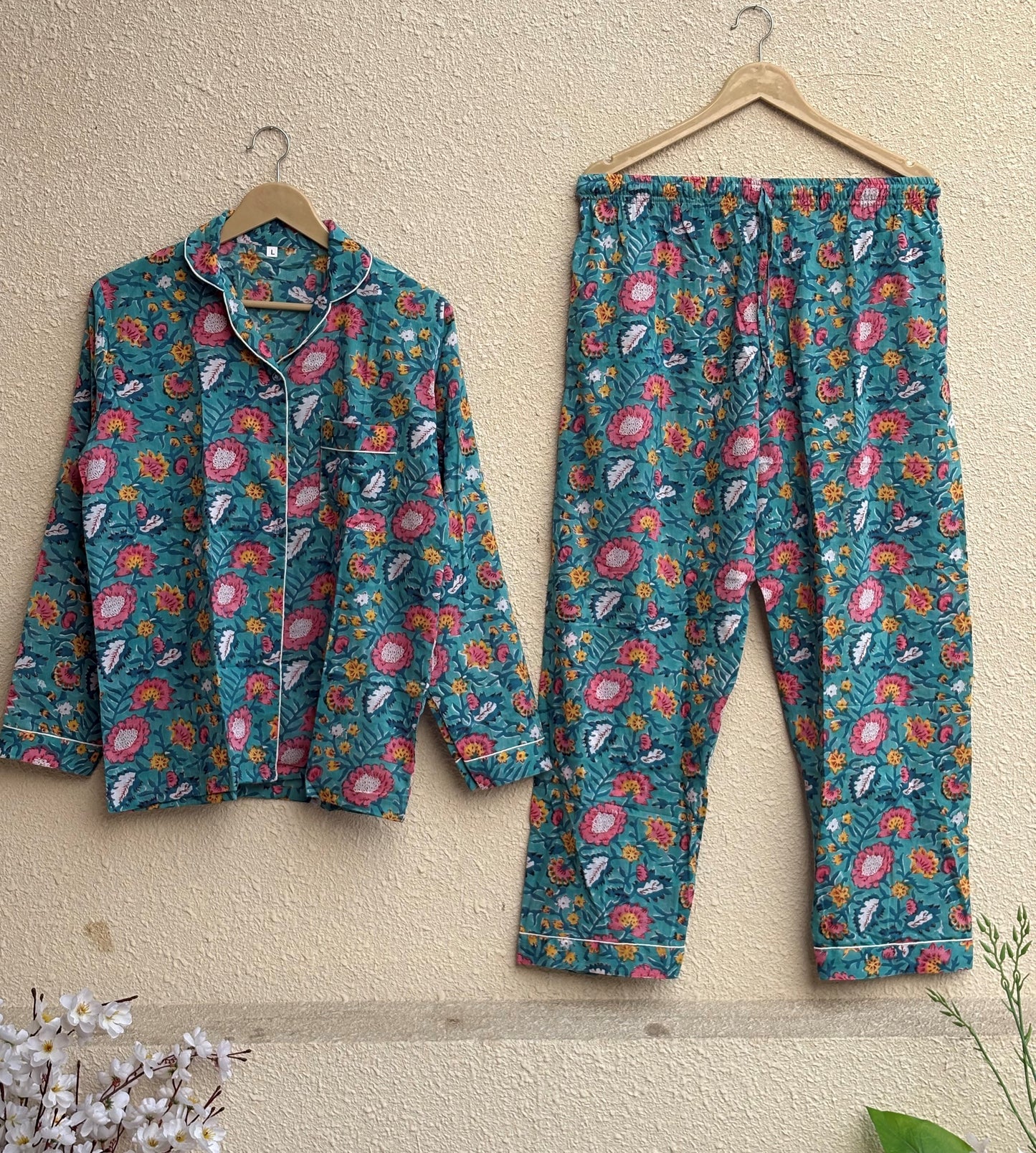 Multicolor Floral Print Cotton Pajama Set for Women | Hand Block Print Night Suit | Eco-Friendly Loungewear | Handmade Sleepwear Gift for Her