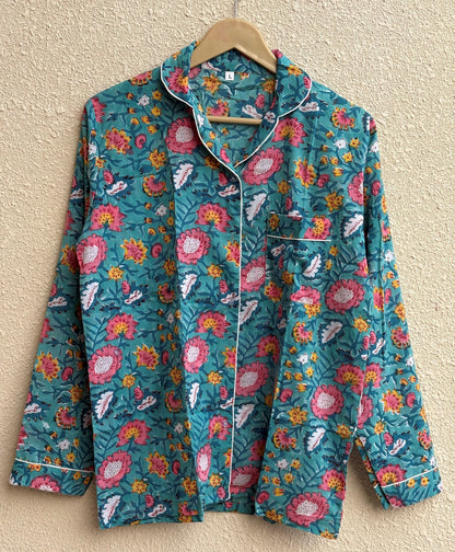 Multicolor Floral Print Cotton Pajama Set for Women | Hand Block Print Night Suit | Eco-Friendly Loungewear | Handmade Sleepwear Gift for Her