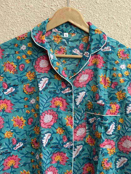 Multicolor Floral Print Cotton Pajama Set for Women | Hand Block Print Night Suit | Eco-Friendly Loungewear | Handmade Sleepwear Gift for Her