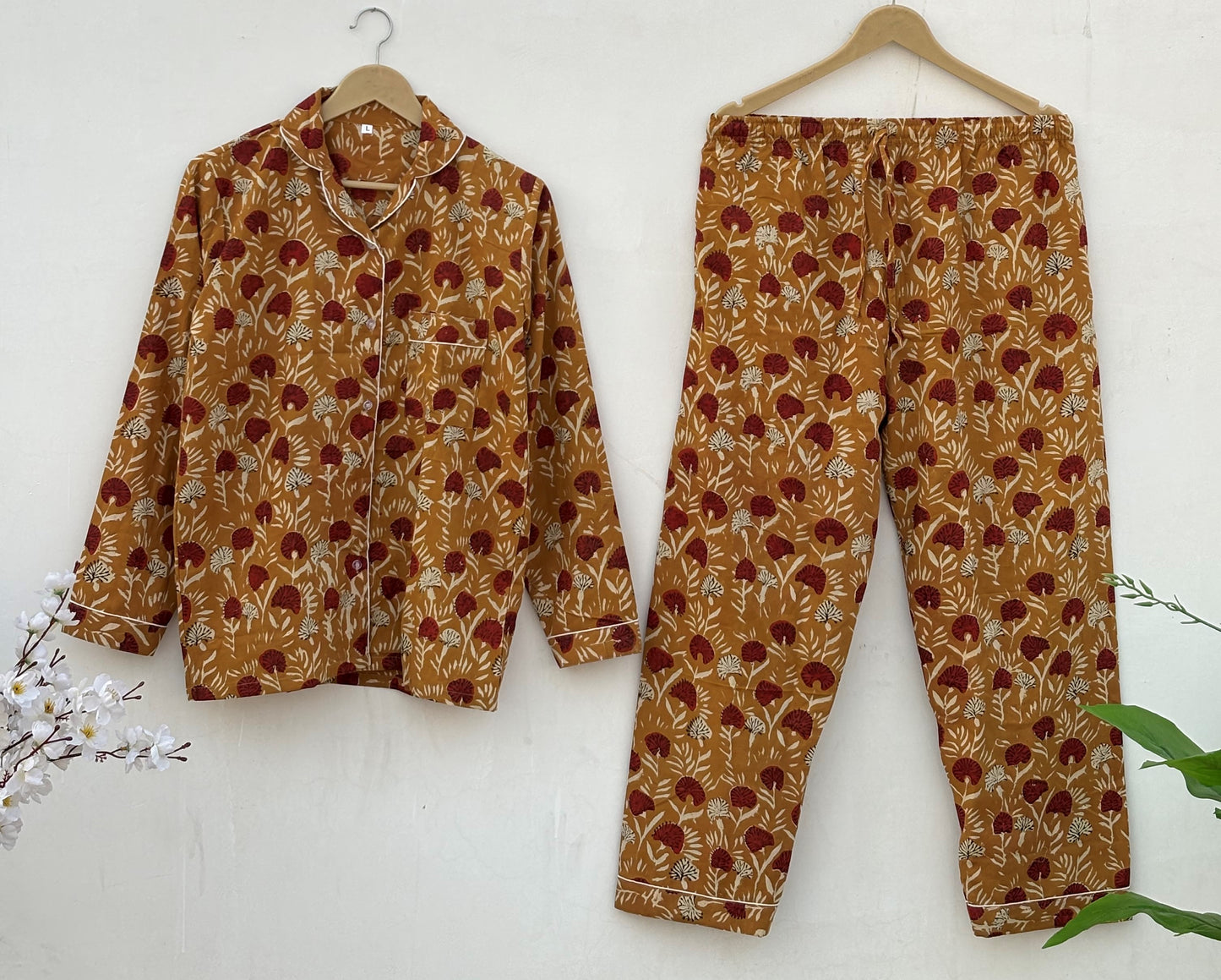 Mustard With Red Floral Bagru Hand Block Cotton Fabric | Bridesmaid Night Party Pajamas | Summer Mid-Night Royal Comforter