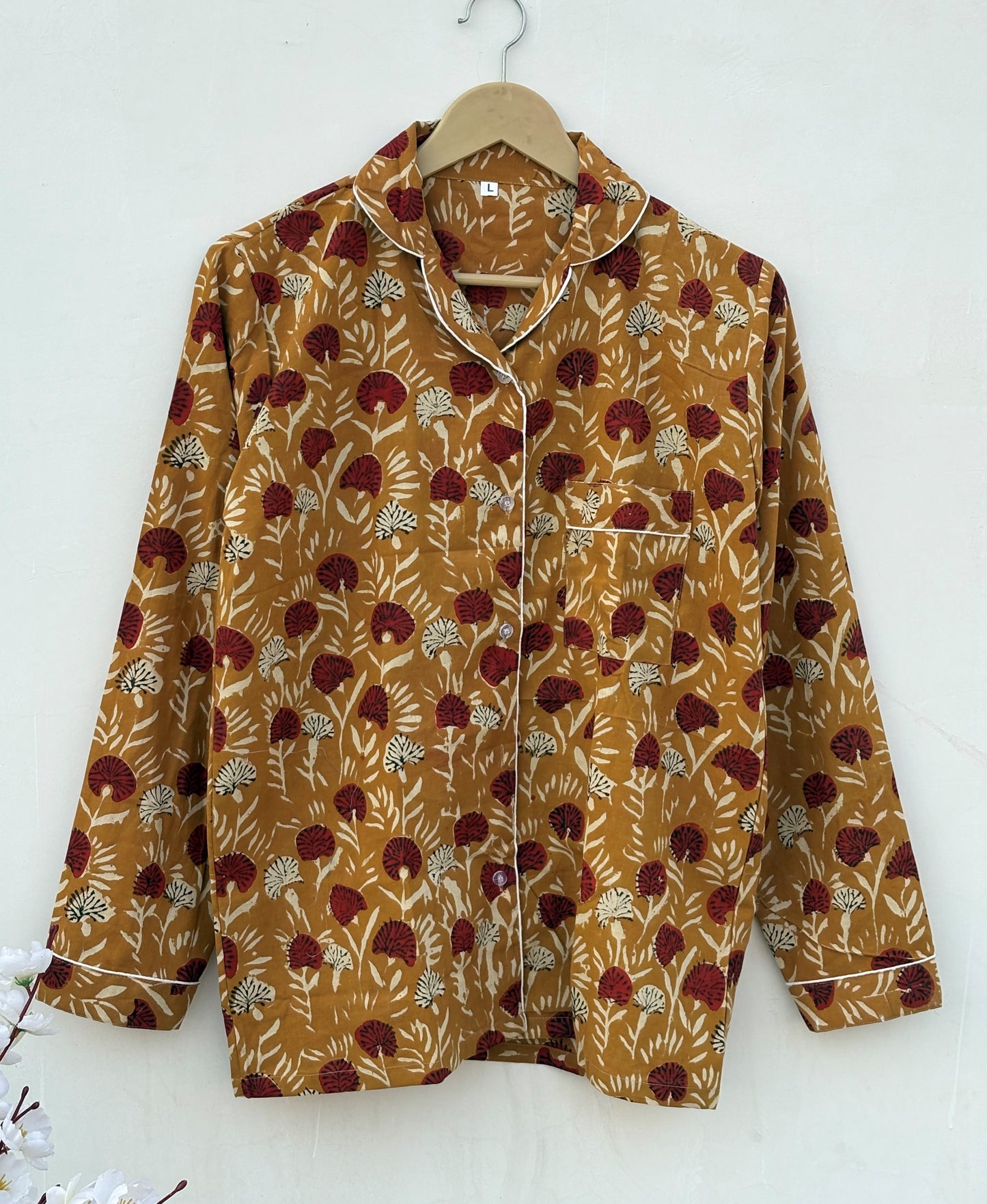 Mustard With Red Floral Bagru Hand Block Cotton Fabric | Bridesmaid Night Party Pajamas | Summer Mid-Night Royal Comforter