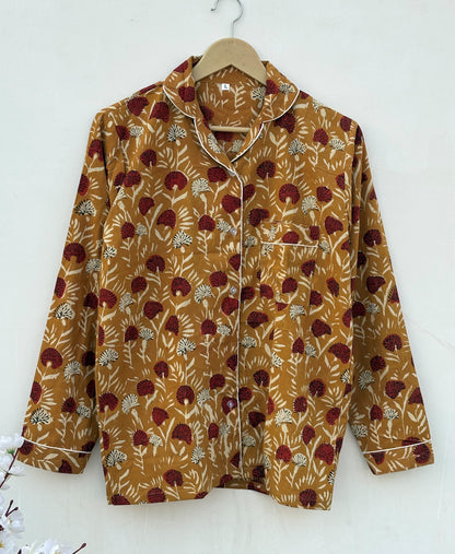 Mustard With Red Floral Bagru Hand Block Cotton Fabric | Bridesmaid Night Party Pajamas | Summer Mid-Night Royal Comforter